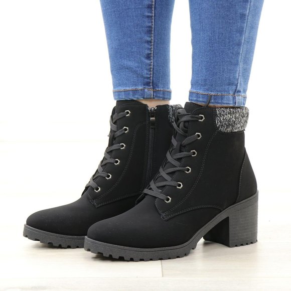 Nubuck Lug Chunky Heel Warm Lining Black Ankle Boots - Picture 12 of 12